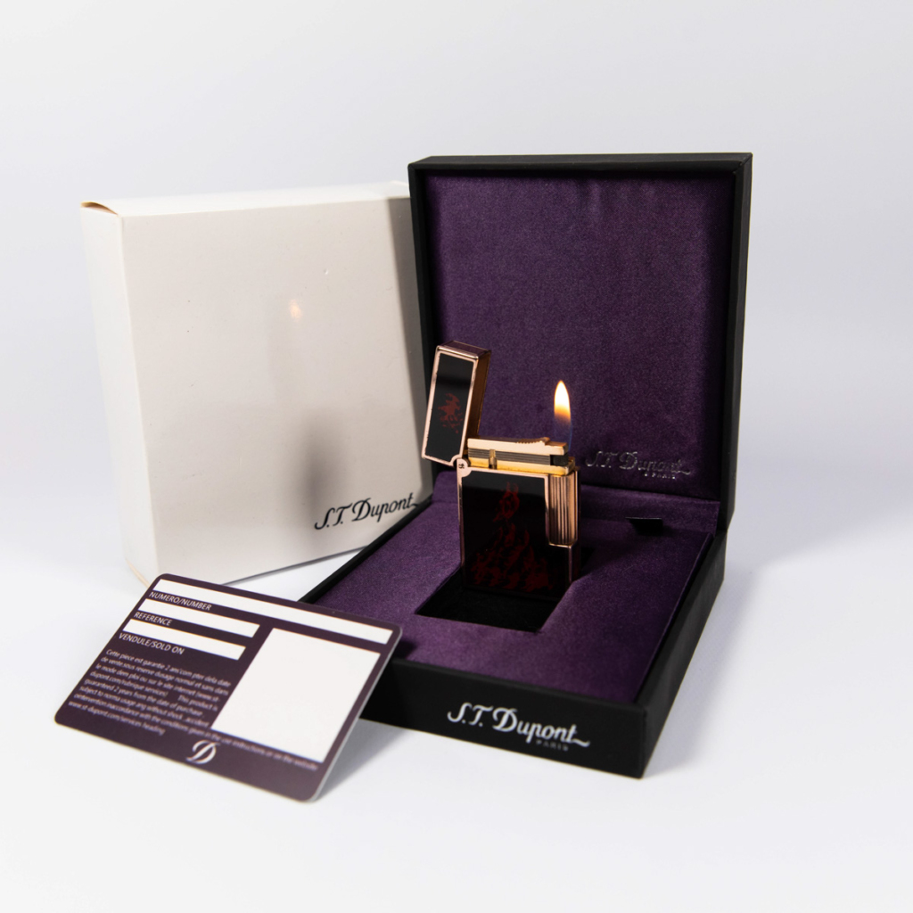 Vintage Authentic Rose Gold plated Ligne 2 ST Dupont Lighter in Fire Black Lacquer 1990s in Box