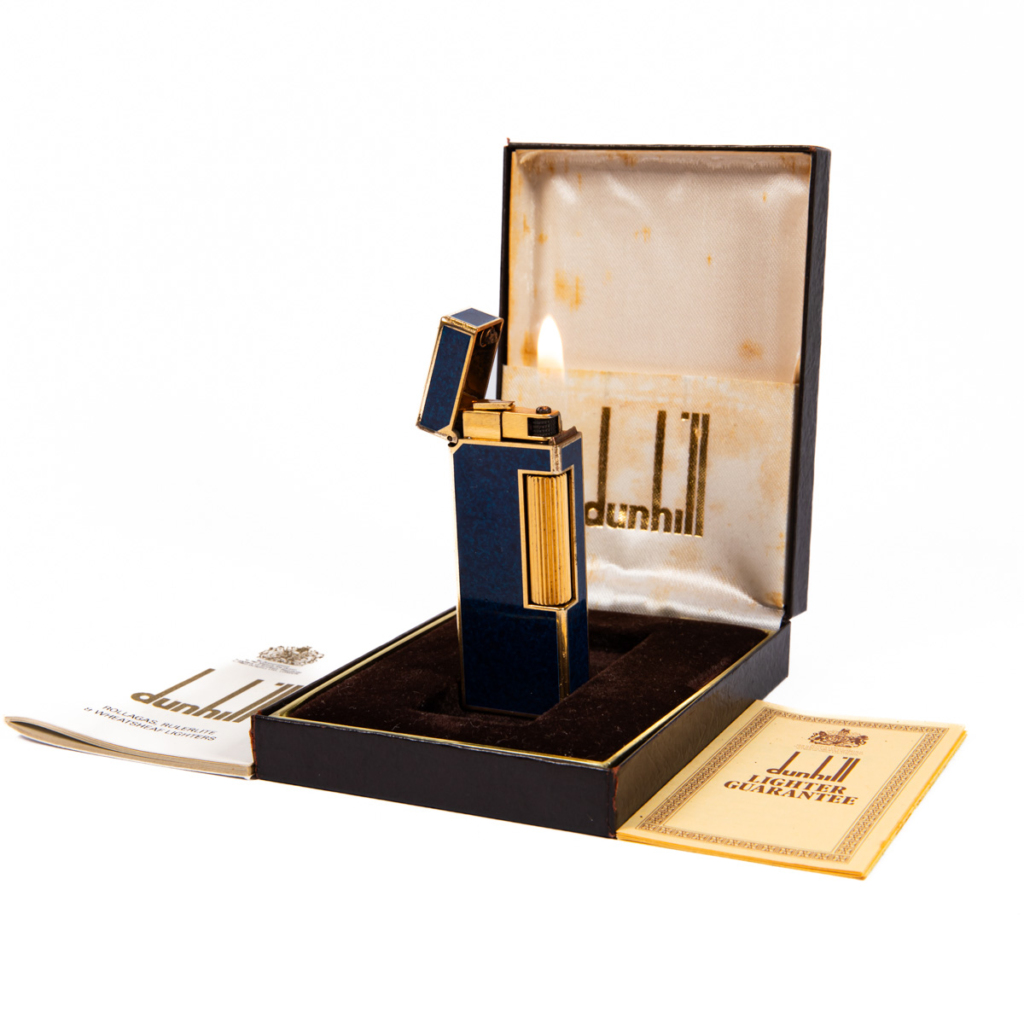 Vintage Dunhill Rollagas lighter Lapiz Lazuli Gold Plated In Box 1980s