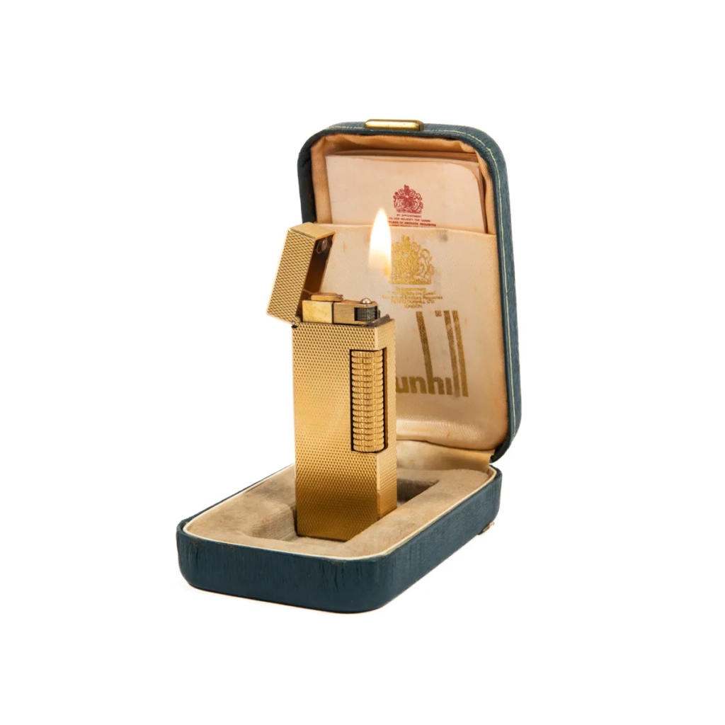 Vintage Dunhill Rollagas lighter Gold Plated Diamond cut In Box 1970s