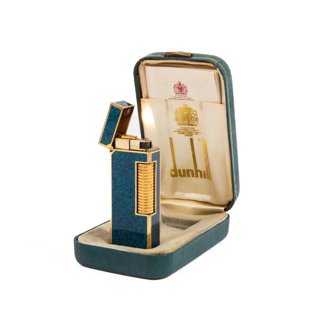 Vintage Dunhill Rollagas lighter Lapiz Lazuli Rare Blue Gold Plated In Box 1980s