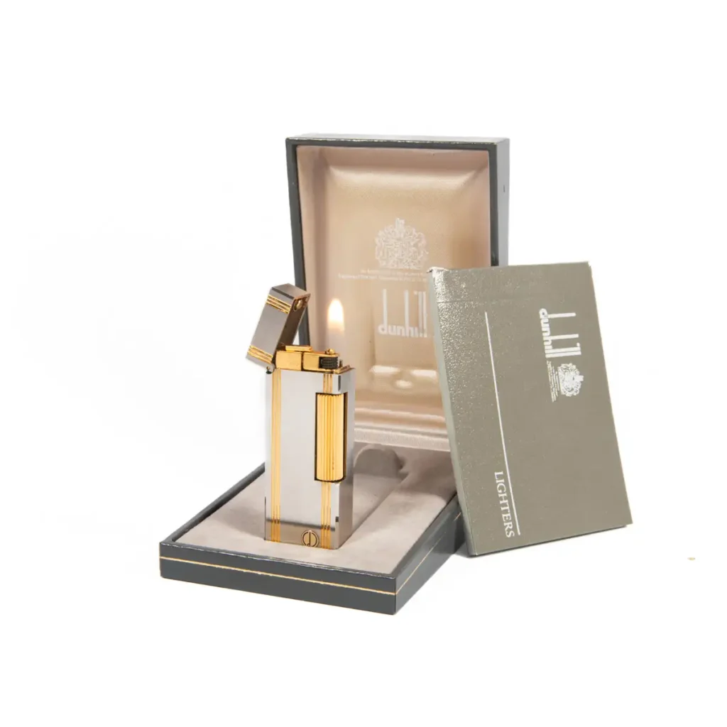 Vintage Dunhill Rollagas lighter Brushed Silver and Gold Plated In Box 1980s