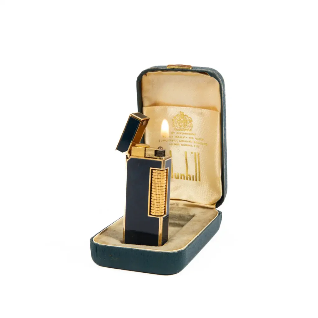Vintage Dunhill Rollagas lighter Lapiz Lazuli Dark Blue Gold Plated In Box 1980s