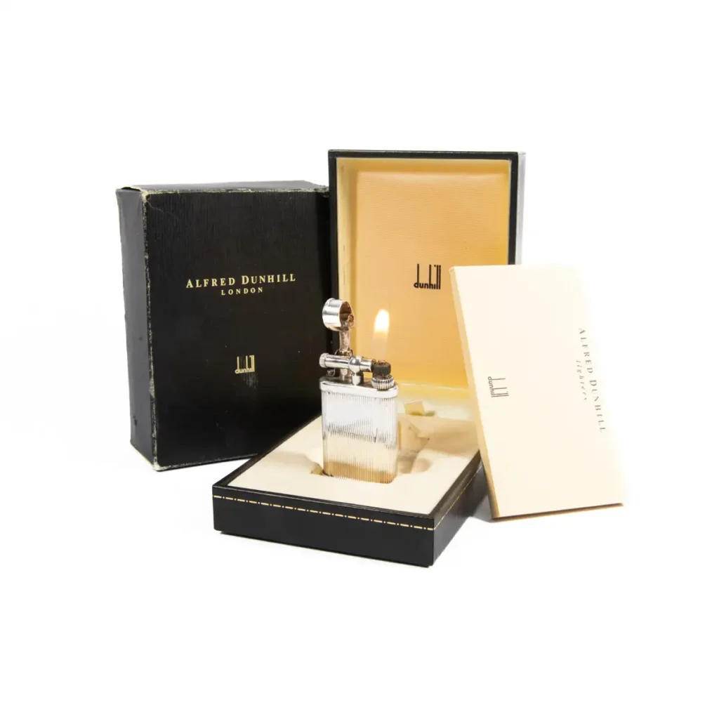 Vintage Dunhill Unique lighter Striped Silver Plated In Box 1970s