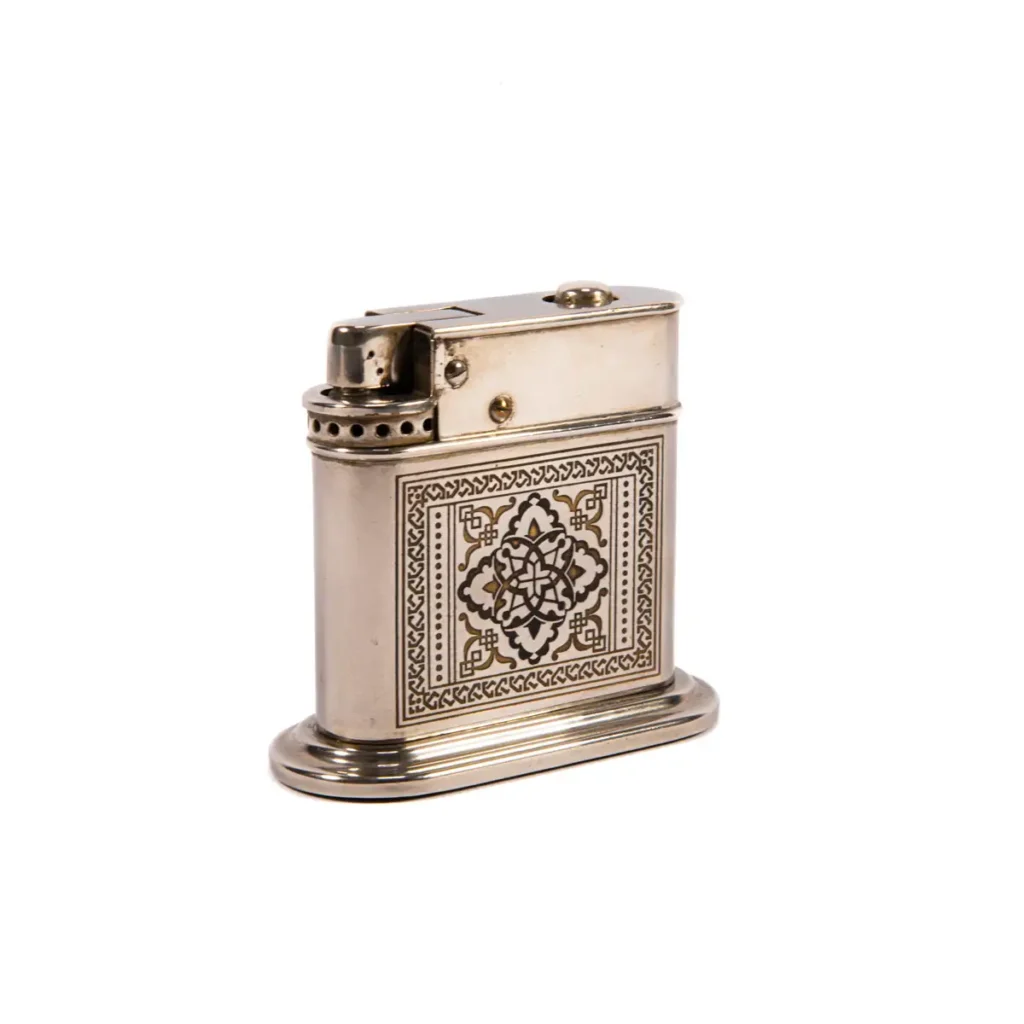 Vintage Myflam Chrome Enameled Table Lighter Round base 1950s