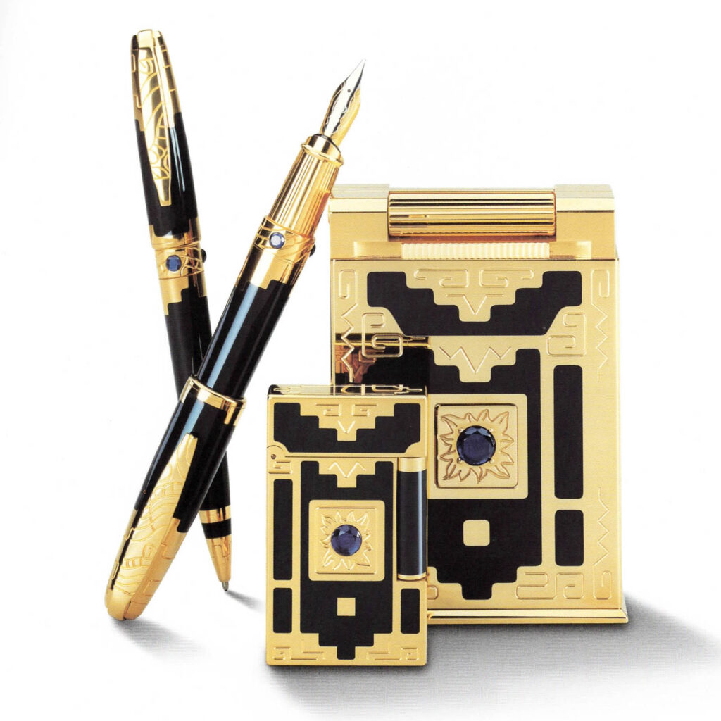 S.T. Dupont Nuevo Mundo limited edition 1998 in midnight blue lacquer with blue spinel, table lighter and pens