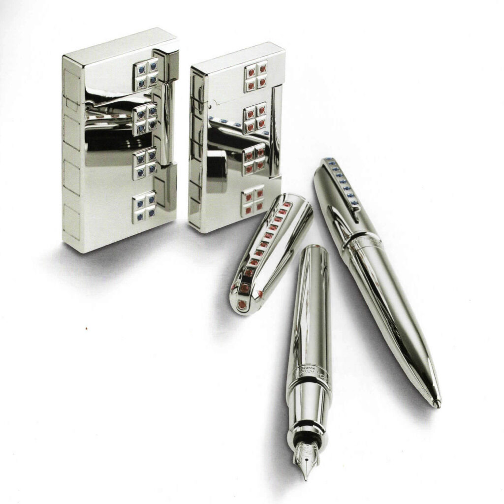 S.T. Dupont Sky and Fire limited edition 2001 lighters set with rubies and sapphires on platinum