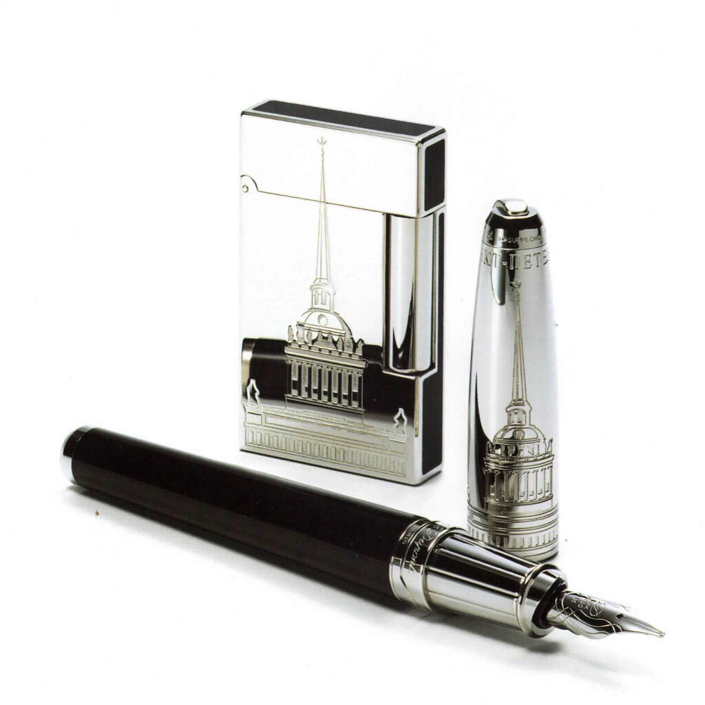 S.T. Dupont Saint Petersburg limited edition 2003 lighters in platinum and lacquer with Olympio pens