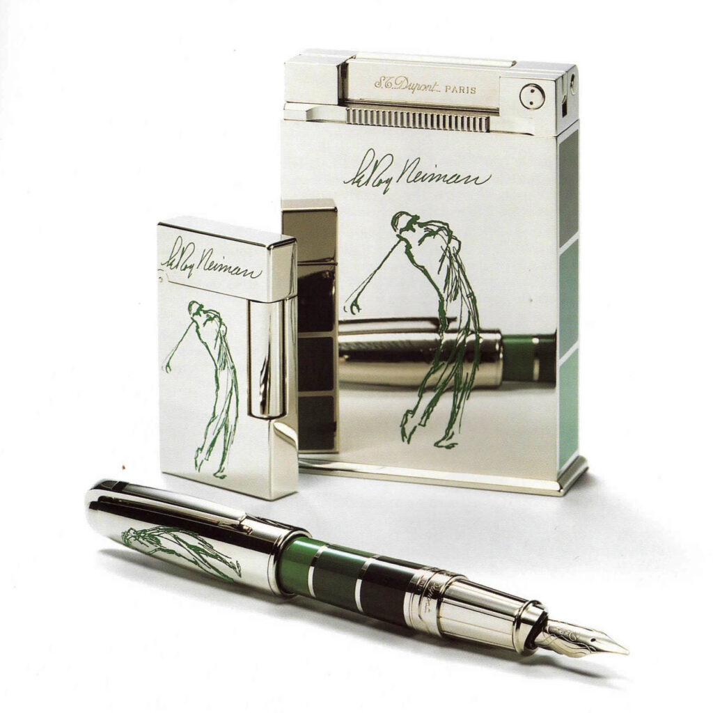 S.T. Dupont Leroy Neiman limited edition 2003 lighters in green lacquer with a golfer