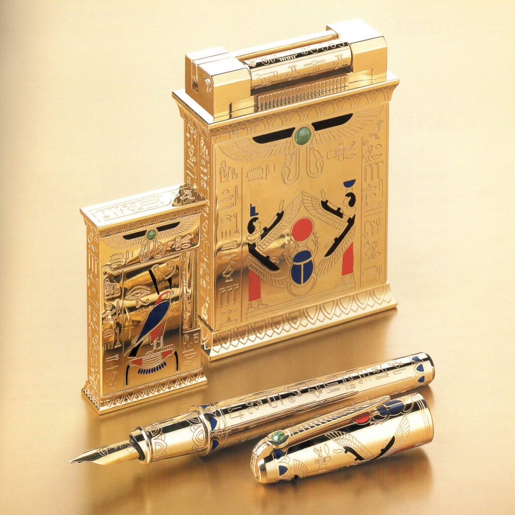 S.T. Dupont Pharaoh limited edition 2004 lighters with Egyptian motifs in lacquer and malachite