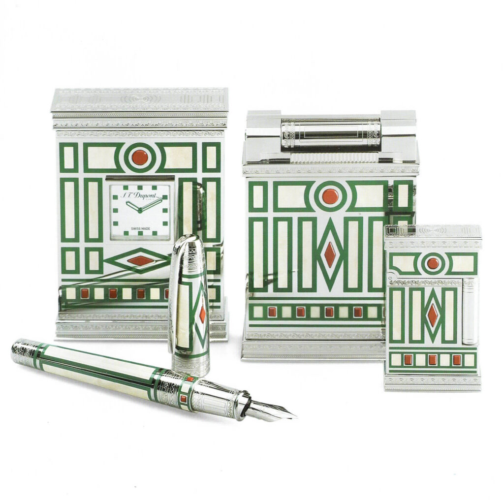 S.T. Dupont Medici limited edition 2005 lighters and table lighter in green, red and ivory lacquer