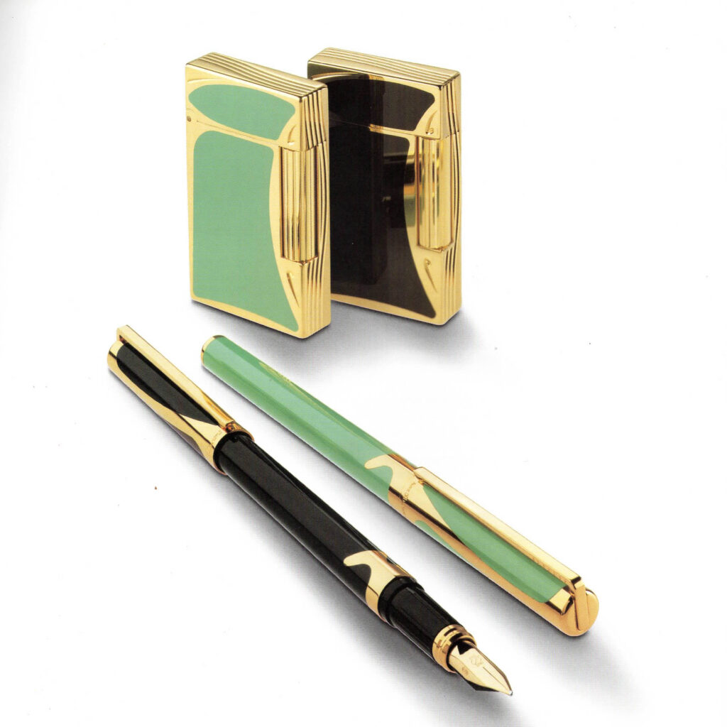 S.T. Dupont Art Nouveau limited edition 1993 Ligne 2 lighters with gold arabesques on black and green lacquer